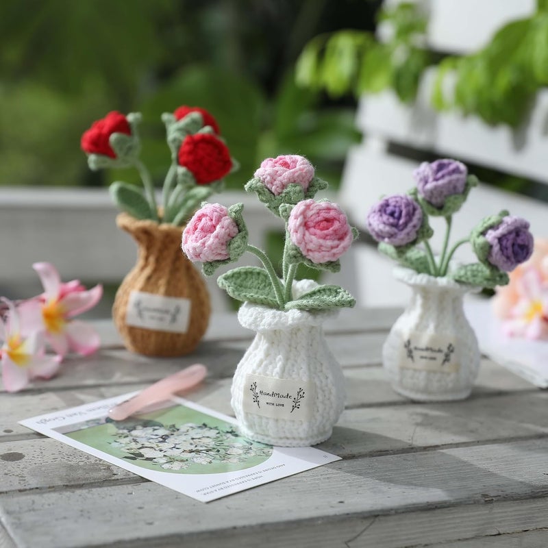 YOOJEE Crochet Flower Pot Valentines Day Gift for Women Him Her Boyfriend Girlfriend Couples Wife Husband Coworker Teacher Birthday Valentines Handmade Knitted Pink Rose Plant Home Decoration - Image 5
